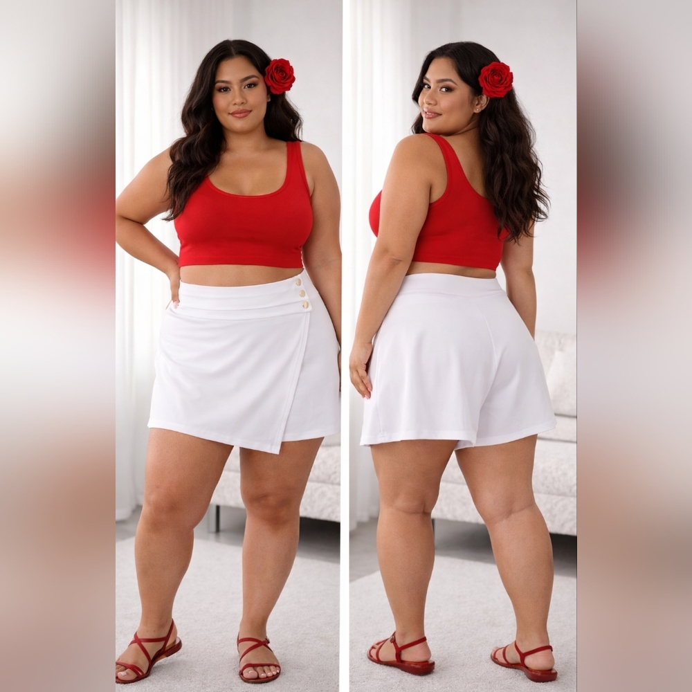 New Vamp White Wrap Skort w/ Gold Button Detail Stretch Fit Crepe Matte Plus Siz